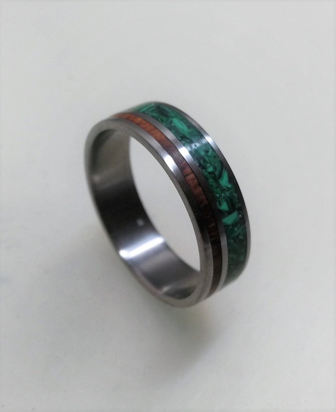 Titanium Ring: Malachite & Snake Wood Inlay, Wooden Wedding Band