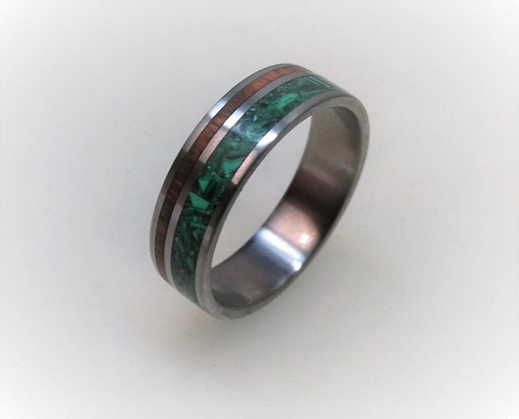 Titanium Ring: Malachite & Snake Wood Inlay, Wooden Wedding Band