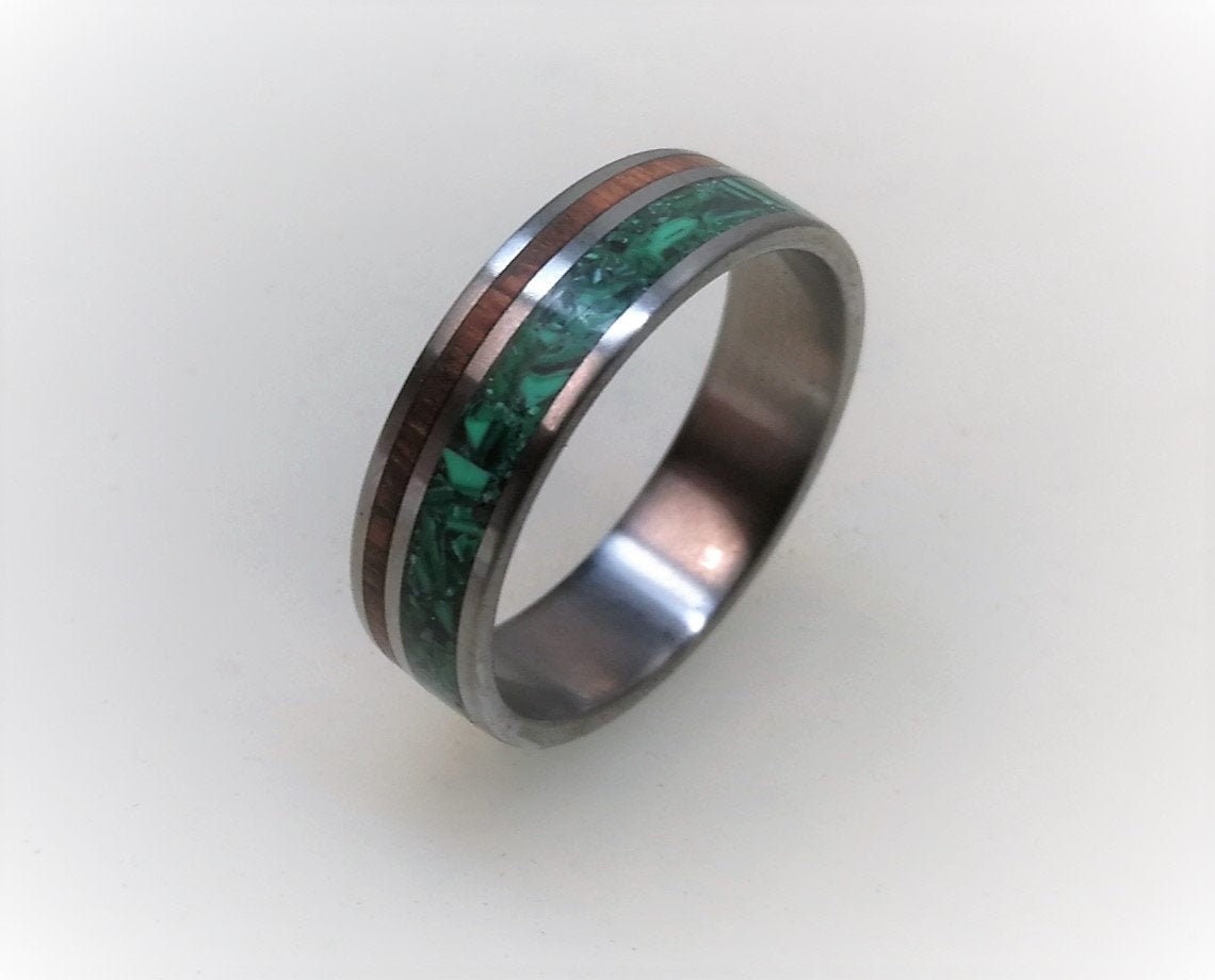 Titanium Ring: Malachite & Snake Wood Inlay, Wooden Wedding Band