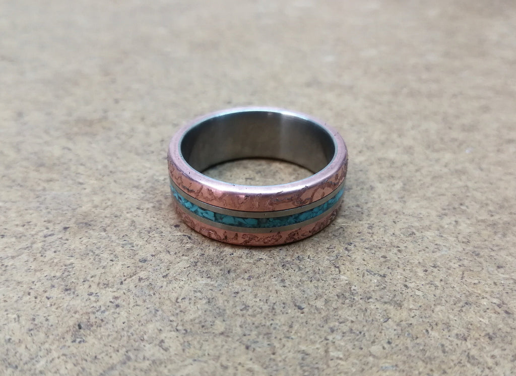 Titanium Wedding Band, Patina Copper Turquoise Inlay, Rustic Mens Ring