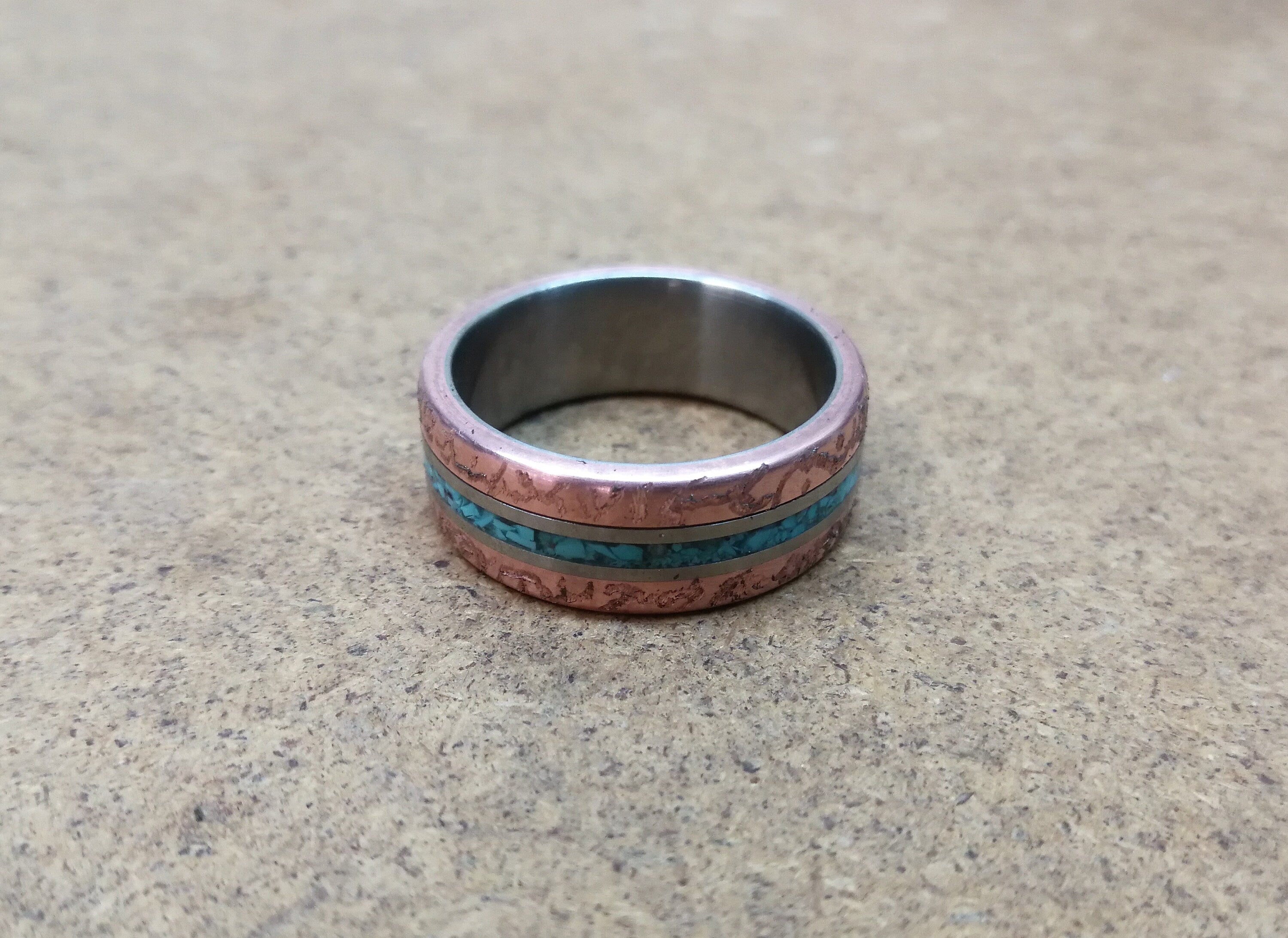 Titanium Wedding Band, Patina Copper Turquoise Inlay, Rustic Mens Ring
