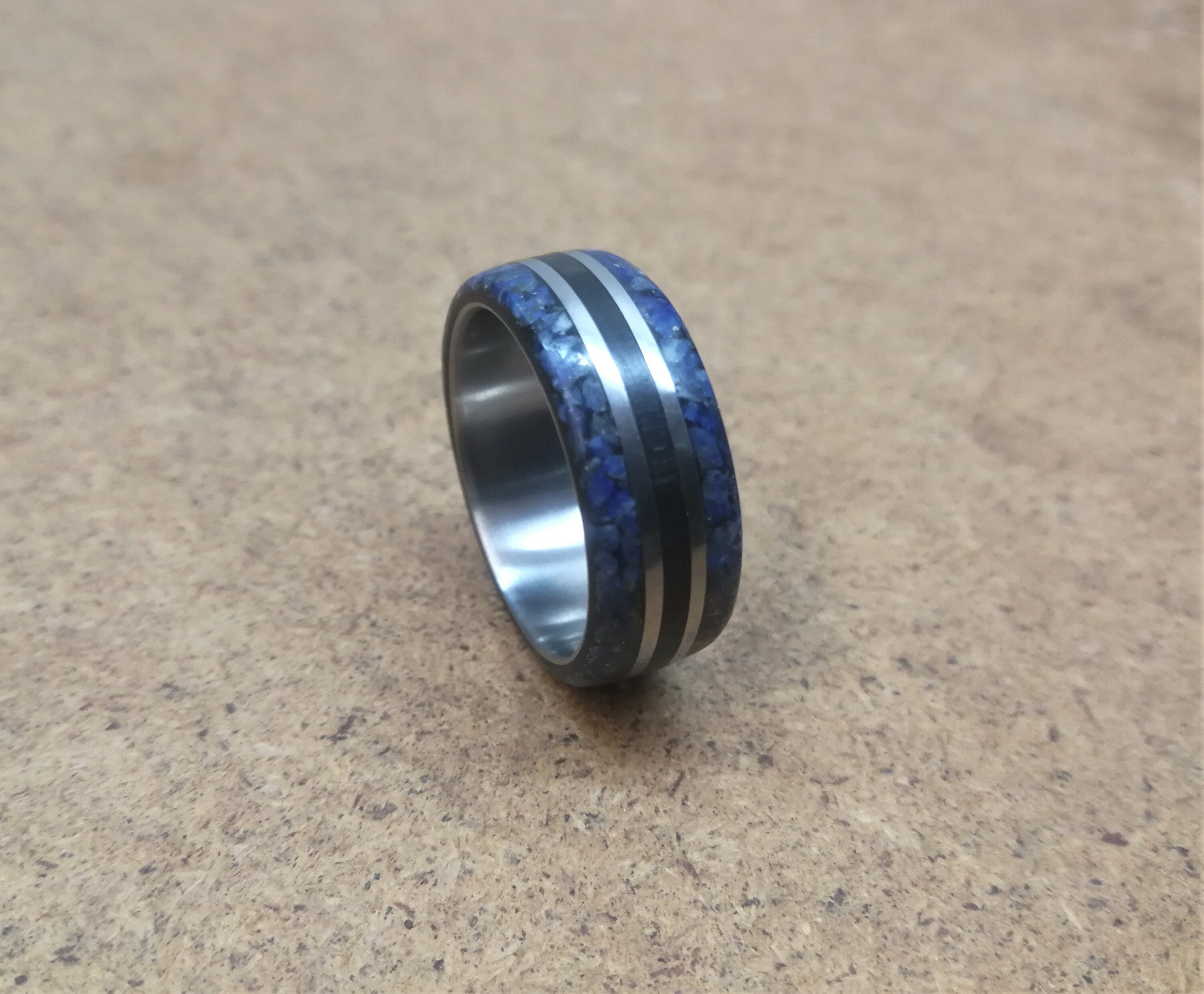 Titanium Wedding Band: Ebony Wood & Lapis Lazuli Inlay