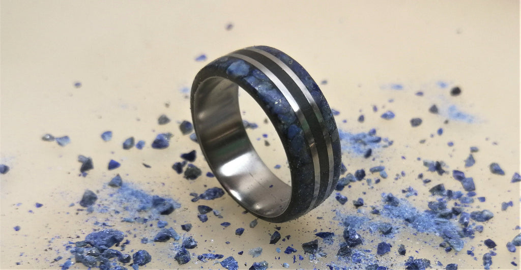 Titanium Wedding Band: Ebony Wood & Lapis Lazuli Inlay