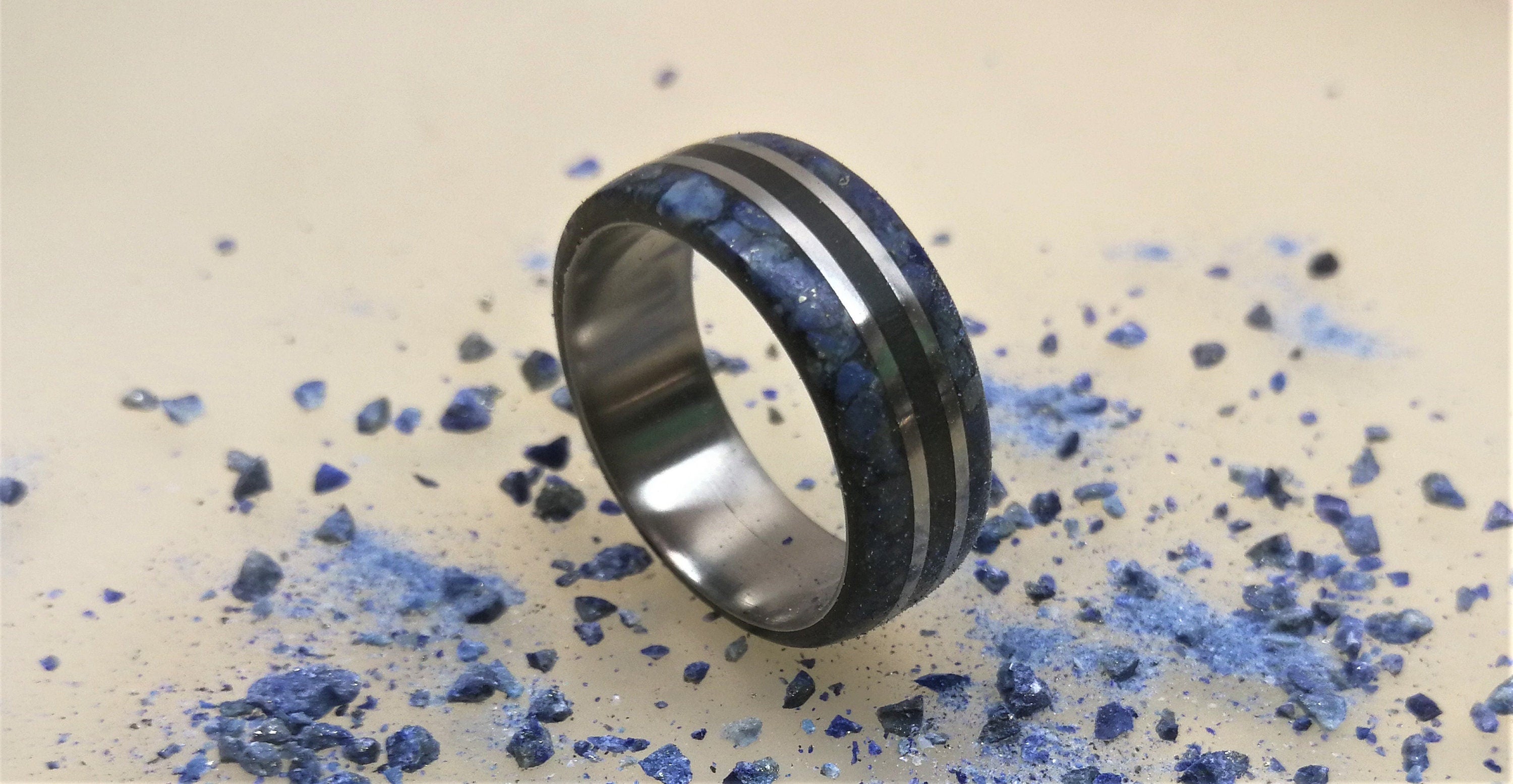 Titanium Wedding Band: Ebony Wood & Lapis Lazuli Inlay