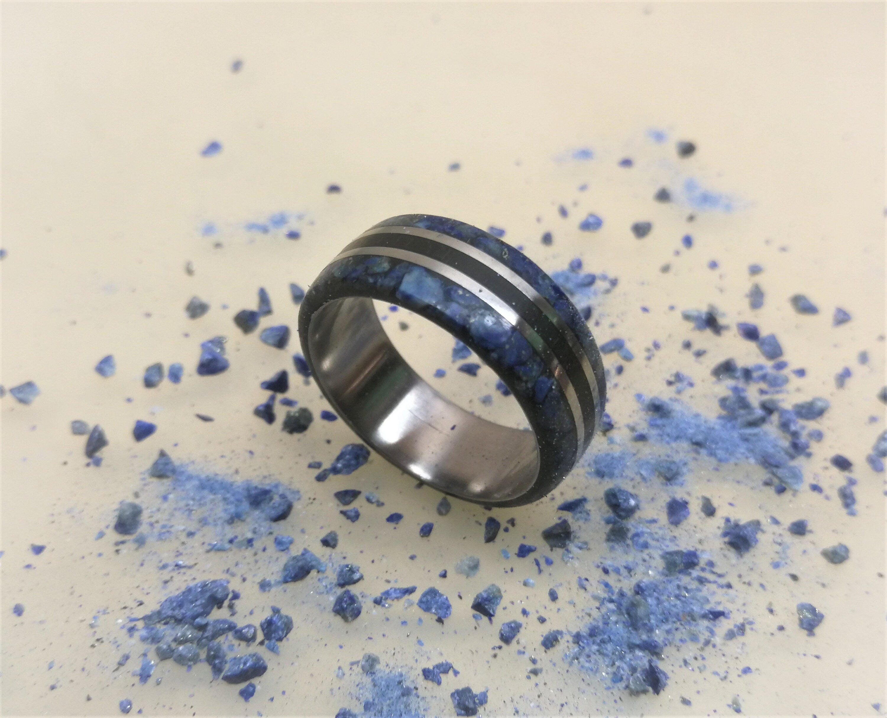 Titanium Wedding Band: Ebony Wood & Lapis Lazuli Inlay