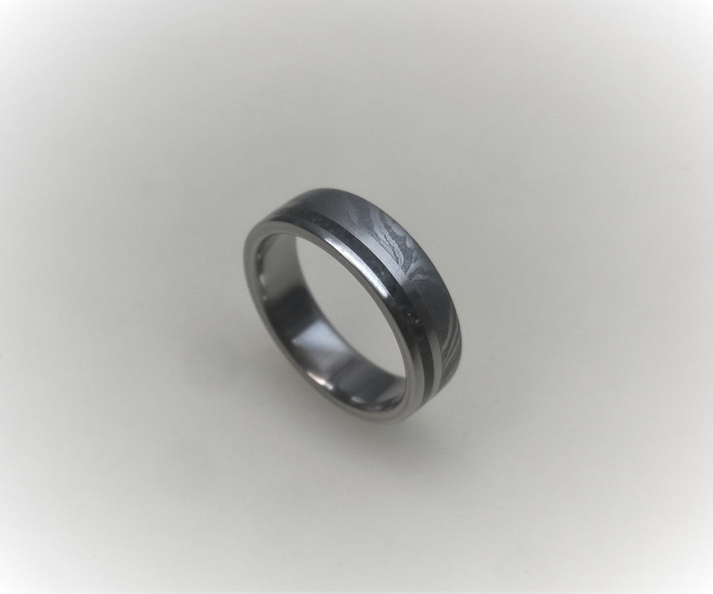 Damascus Steel & Black Obsidian Wedding Band - Handcrafted Titanium Ring for Couples, Engagement Ring