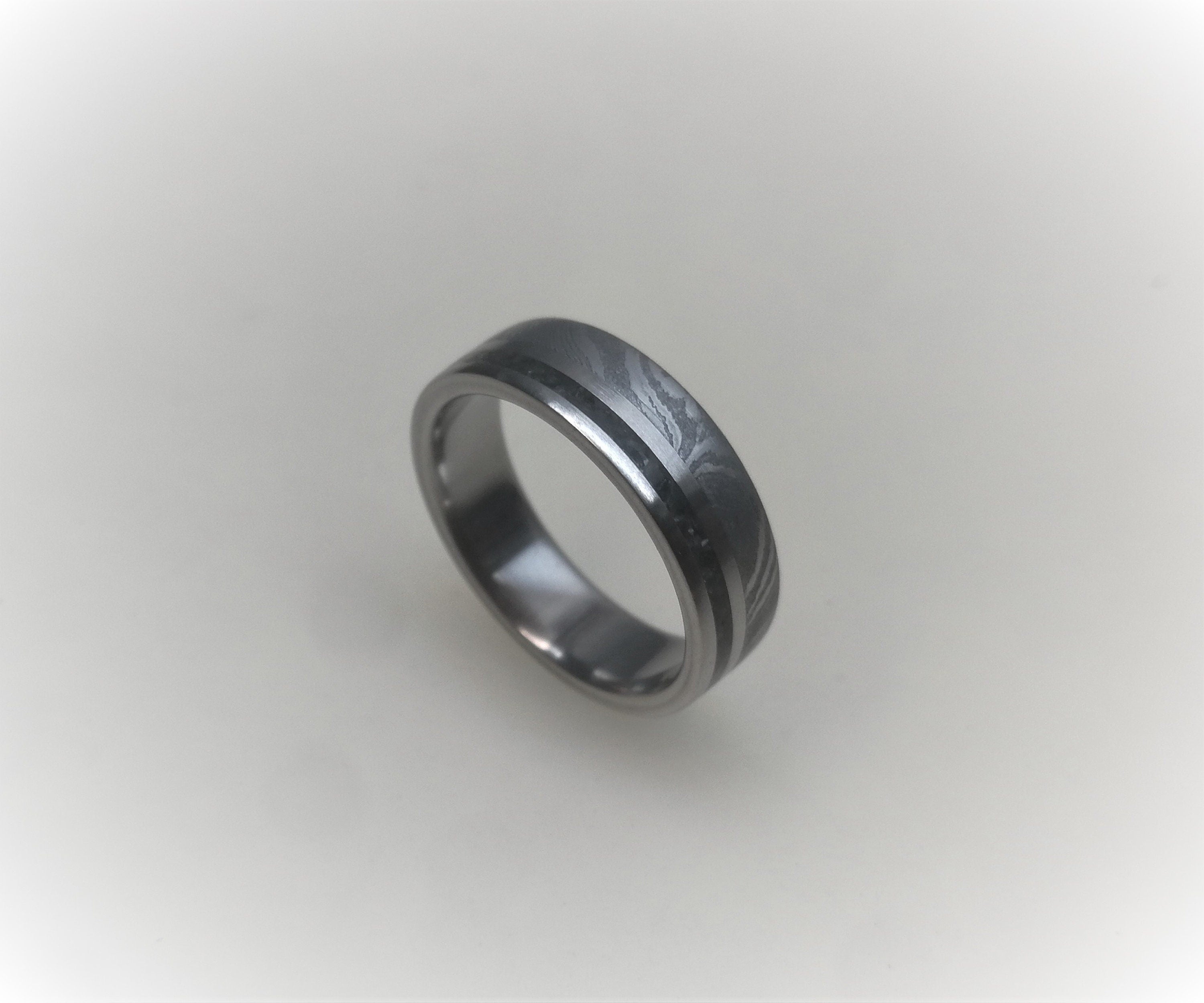 Damascus Steel & Black Obsidian Wedding Band - Handcrafted Titanium Ring for Couples, Engagement Ring