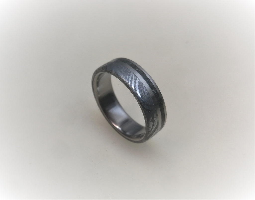 Damascus Steel & Black Obsidian Wedding Band - Handcrafted Titanium Ring for Couples, Engagement Ring