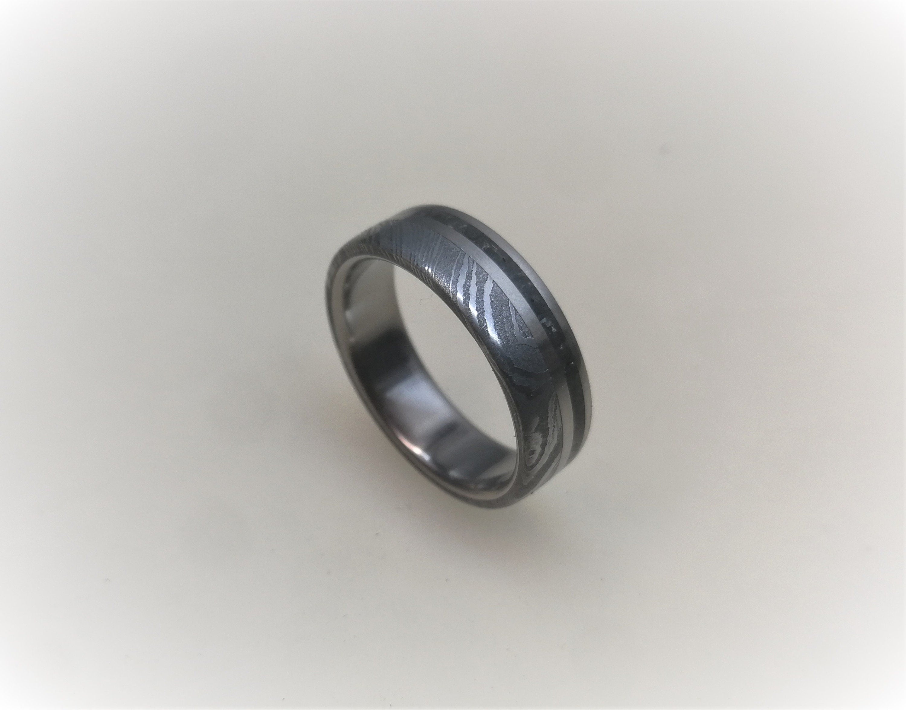 Damascus Steel & Black Obsidian Wedding Band - Handcrafted Titanium Ring for Couples, Engagement Ring