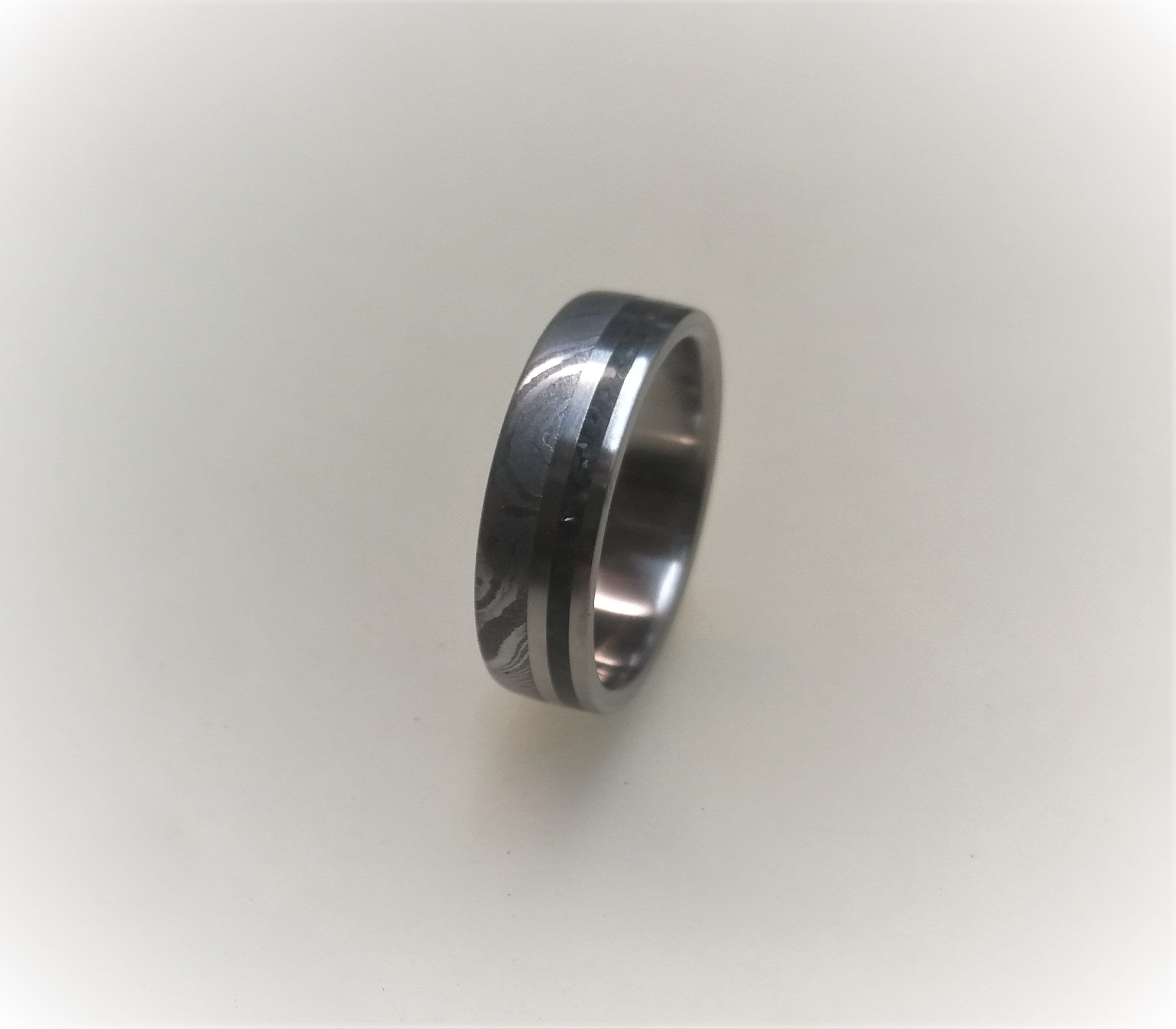 Damascus Steel & Black Obsidian Wedding Band - Handcrafted Titanium Ring for Couples, Engagement Ring
