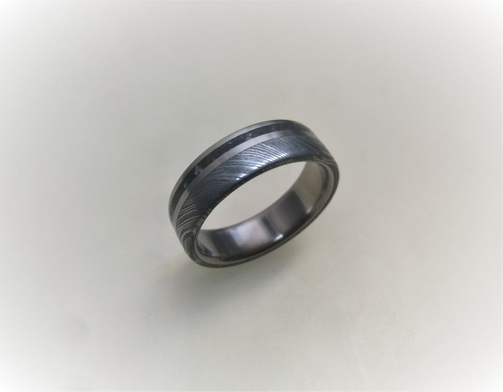 Damascus Steel & Black Obsidian Wedding Band - Handcrafted Titanium Ring for Couples, Engagement Ring