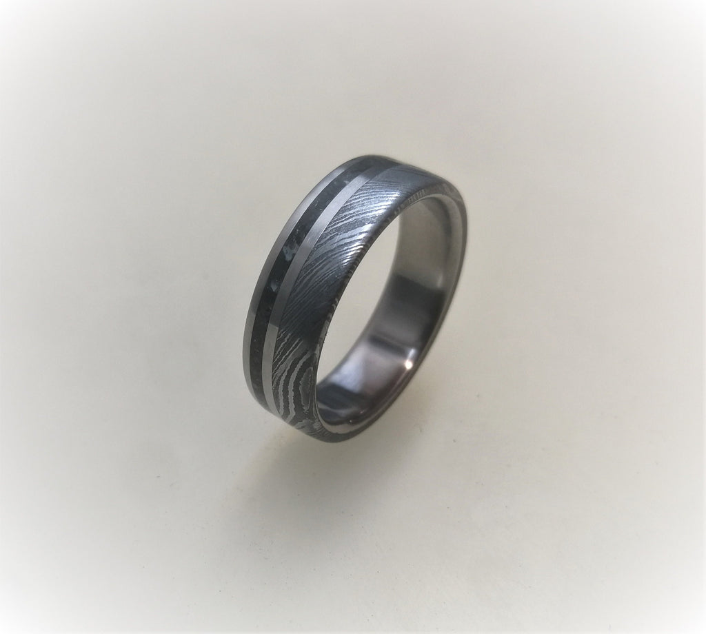 Damascus Steel & Black Obsidian Wedding Band - Handcrafted Titanium Ring for Couples, Engagement Ring