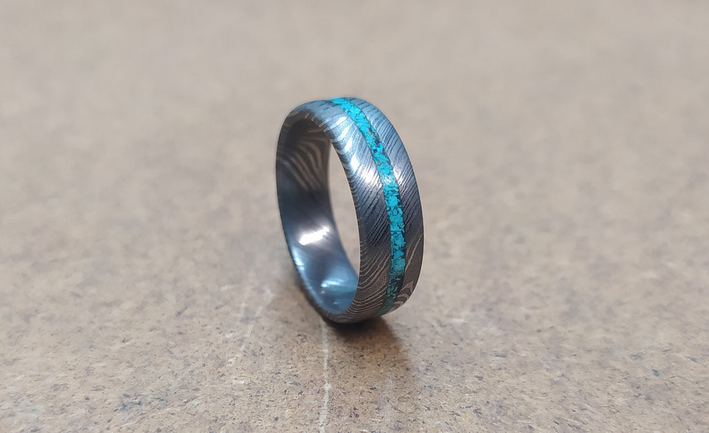 Damascus Steel Wedding Band: Turquoise Inlay Ring, Handmade