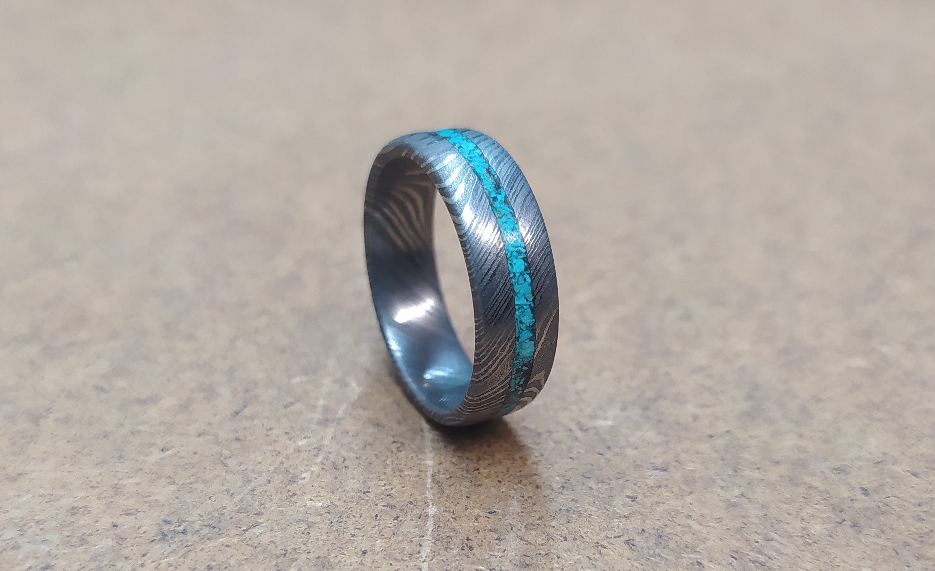 Damascus Steel Wedding Band: Turquoise Inlay Ring, Handmade