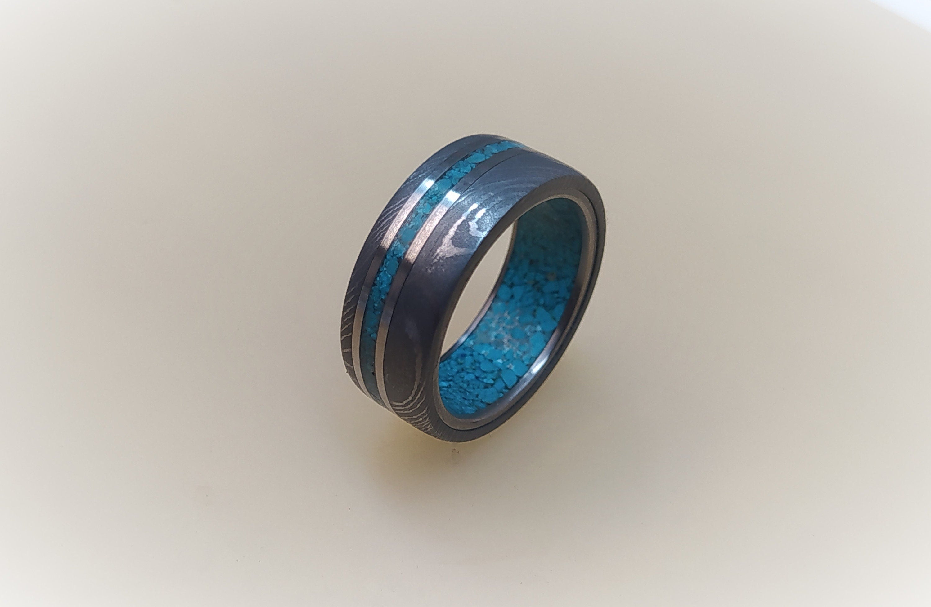 Damascus Steel Wedding Ring: Titanium & Turquoise Inlay Mens Band