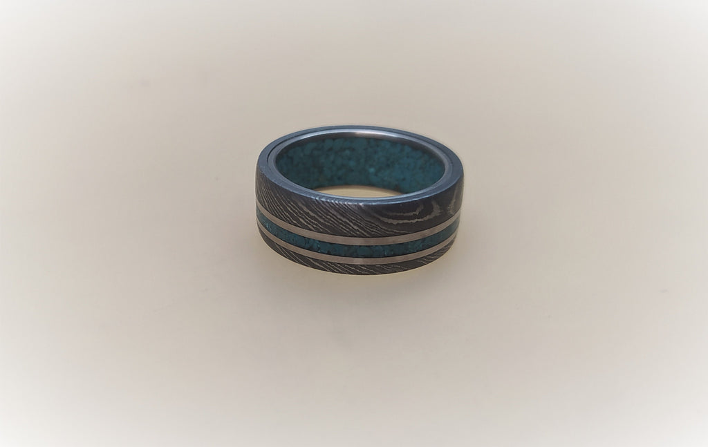 Damascus Steel Wedding Ring: Titanium & Turquoise Inlay Mens Band