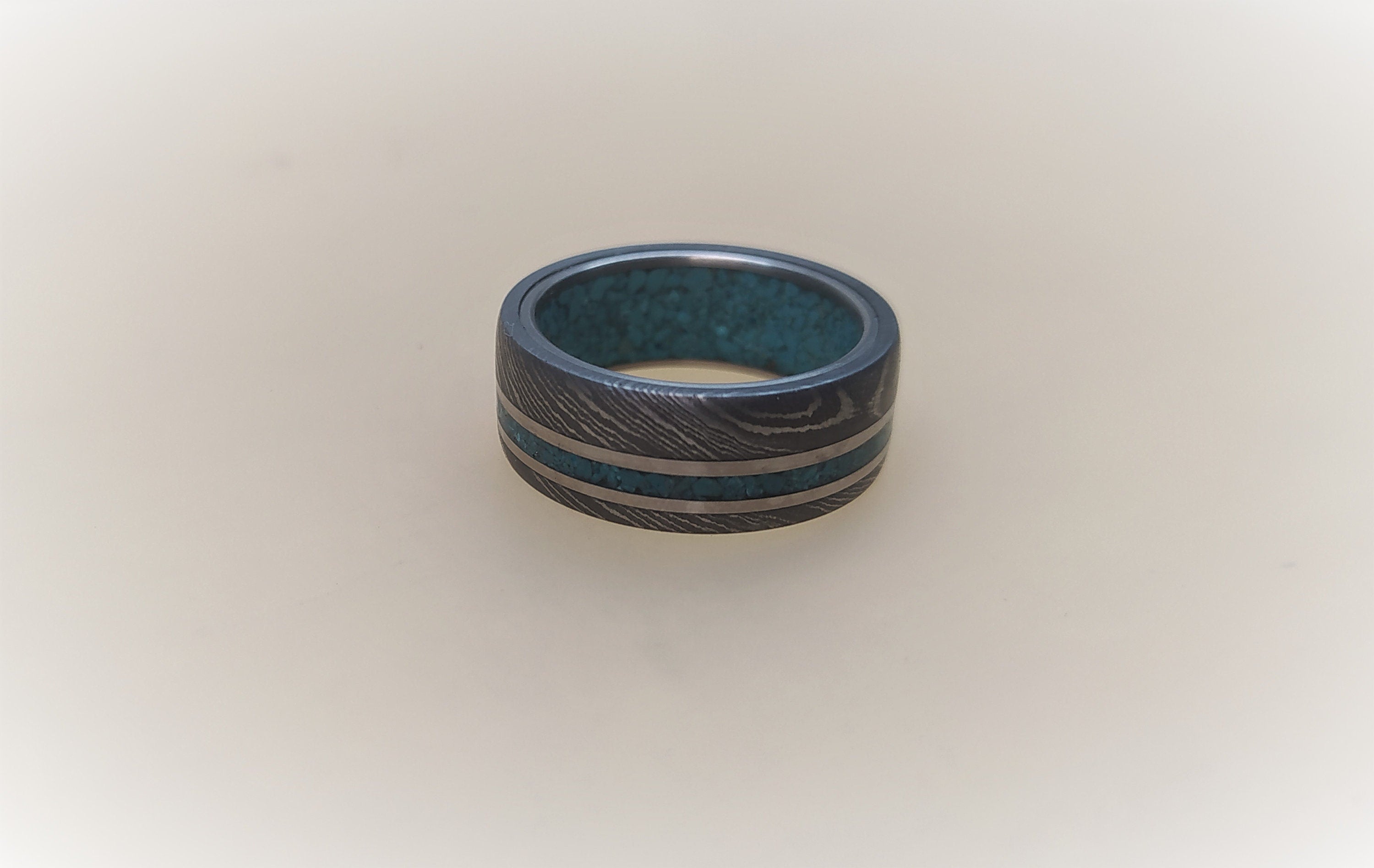 Damascus Steel Wedding Ring: Titanium & Turquoise Inlay Mens Band
