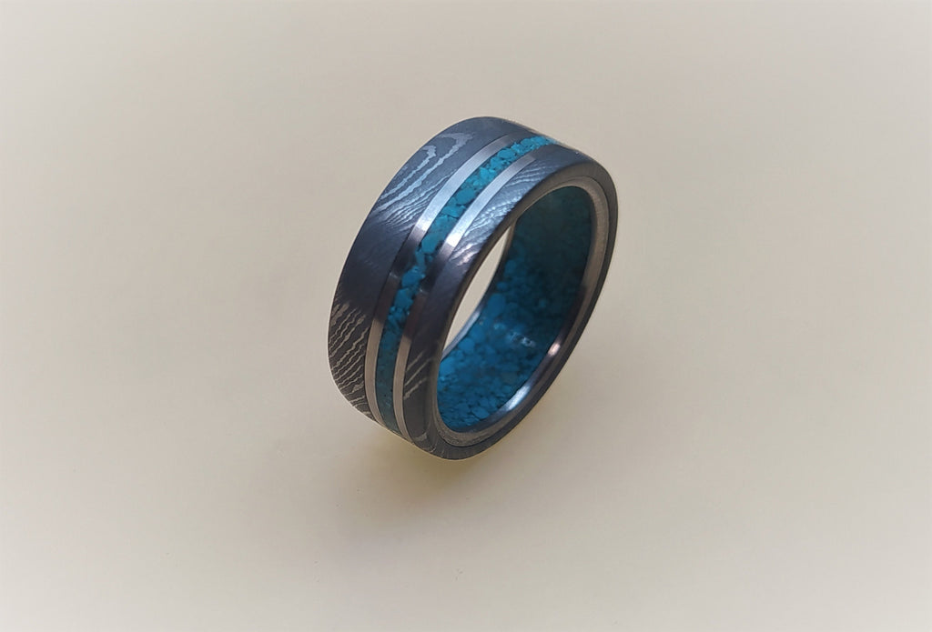 Damascus Steel Wedding Ring: Titanium & Turquoise Inlay Mens Band