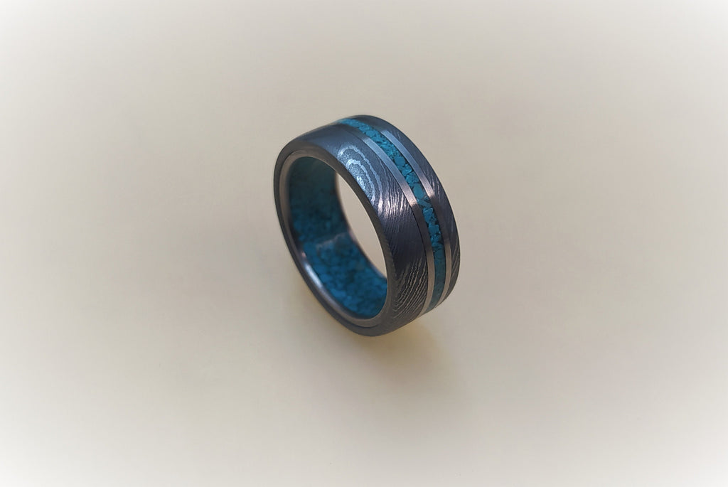 Damascus Steel Wedding Ring: Titanium & Turquoise Inlay Mens Band