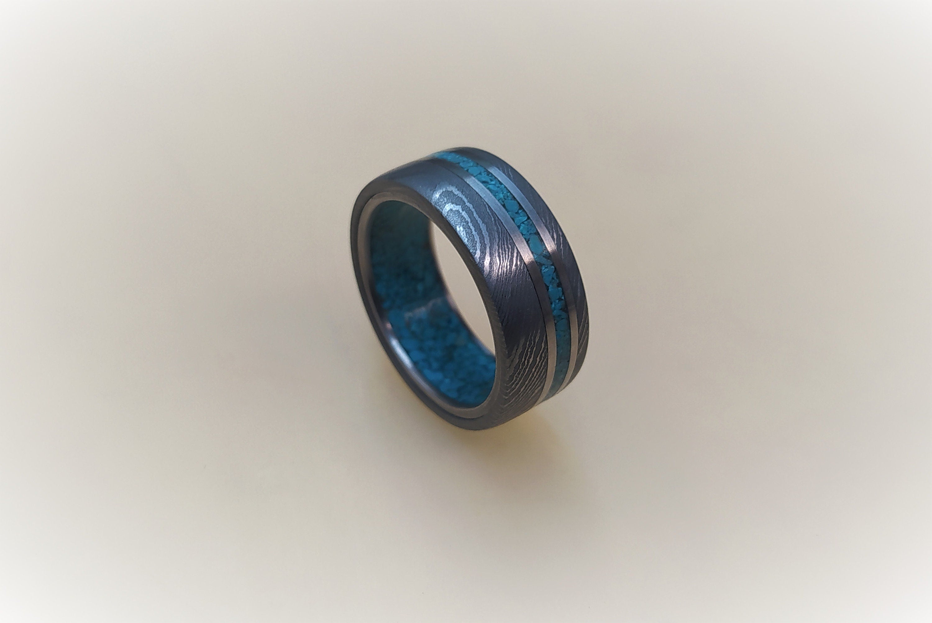 Damascus Steel Wedding Ring: Titanium & Turquoise Inlay Mens Band