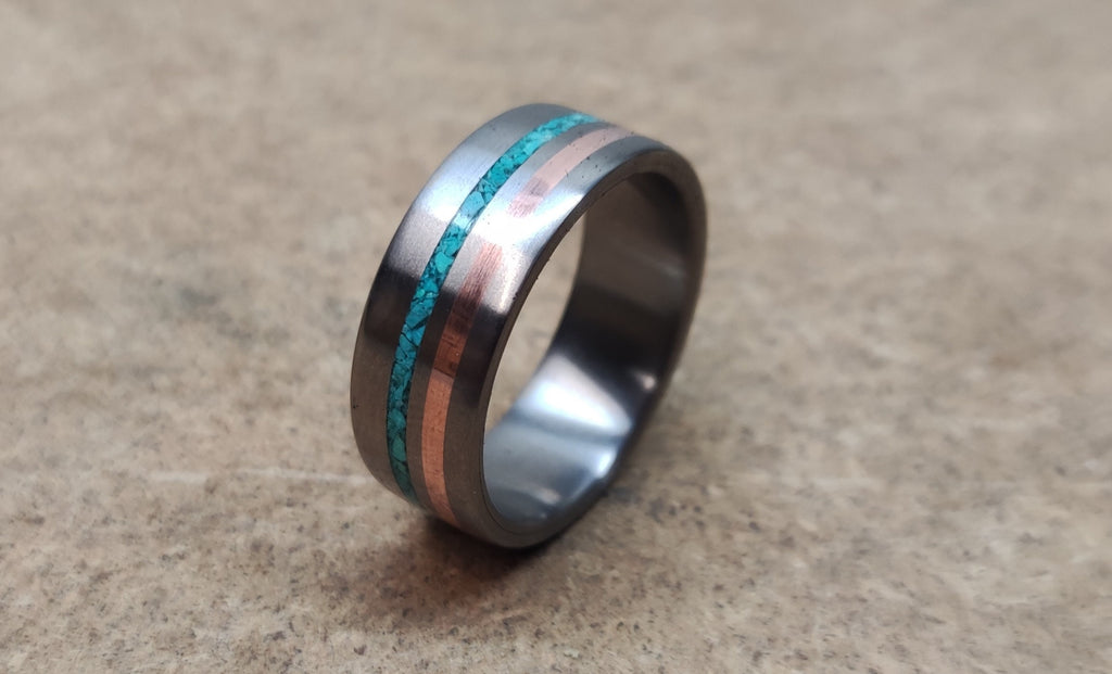 Men's Titanium Ring: Copper & Turquoise Inlay, Unique Wedding Band