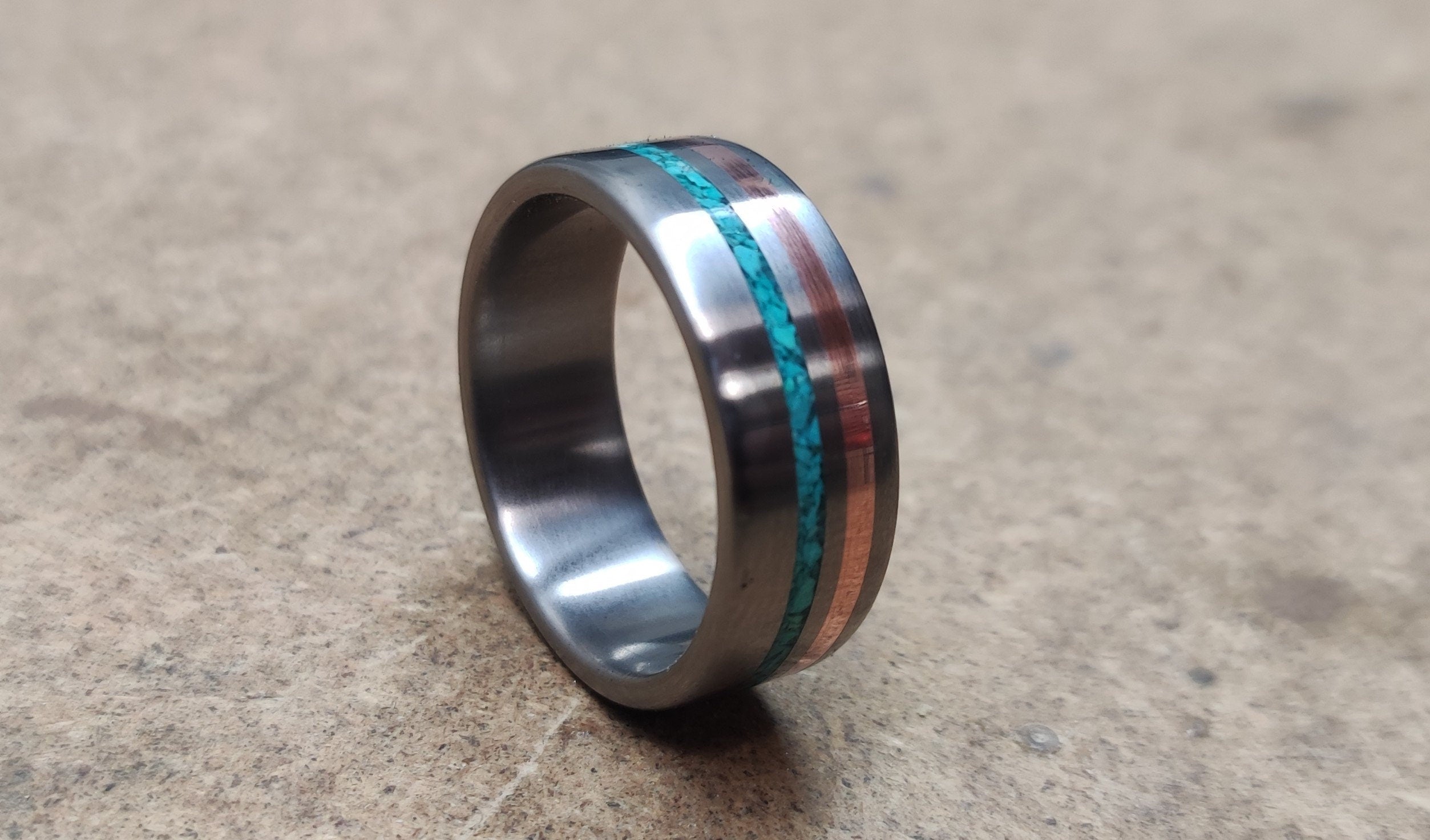 Men's Titanium Ring: Copper & Turquoise Inlay, Unique Wedding Band