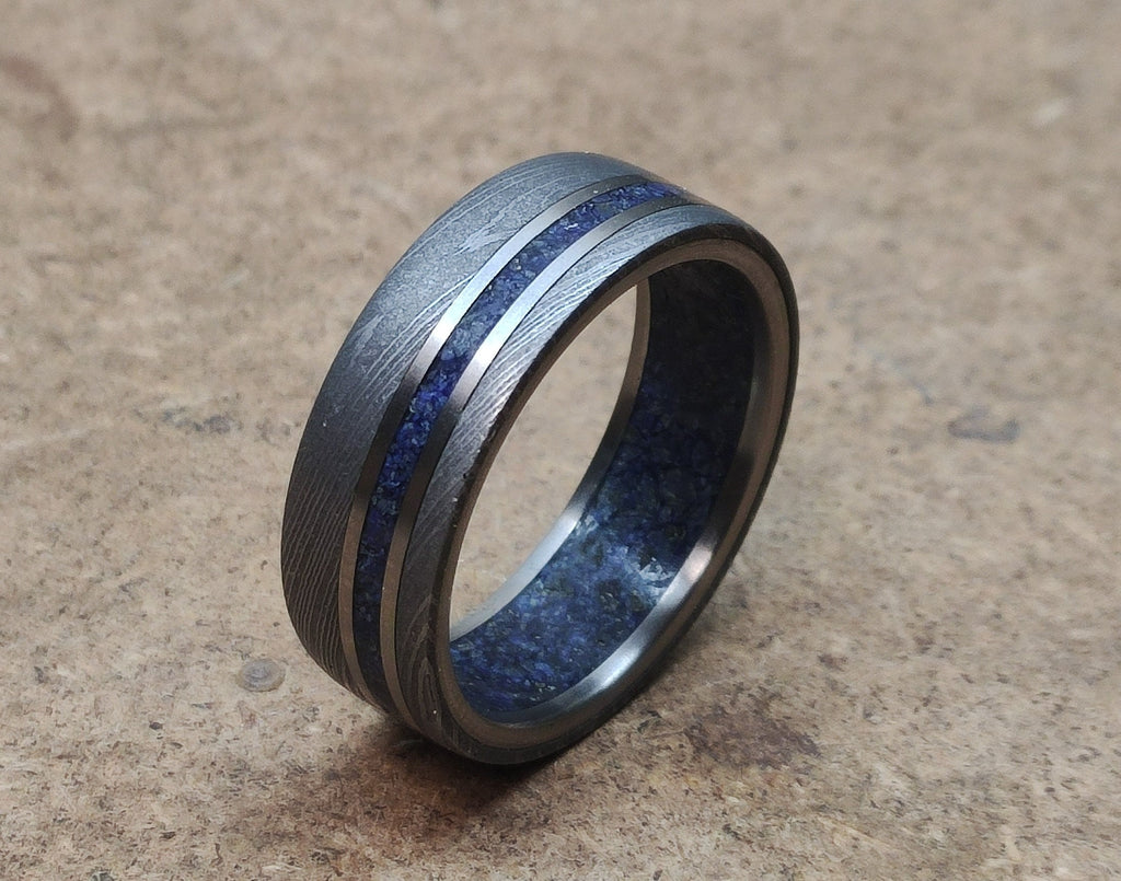 Damascus Steel Wedding Band: Titanium & Lapis Lazuli Inlay, Mens Ring