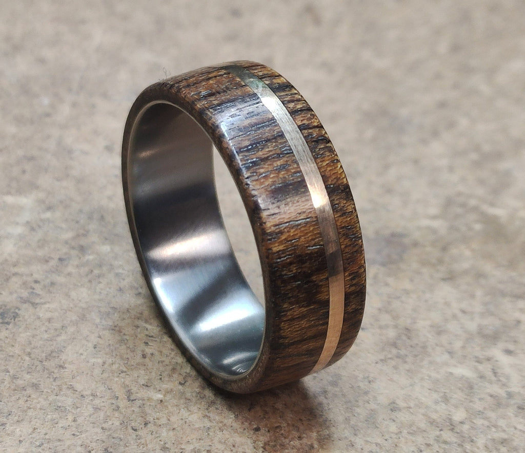 Titanium Ring: Bocote Wood & Bronze Inlay, Unisex Wedding Band
