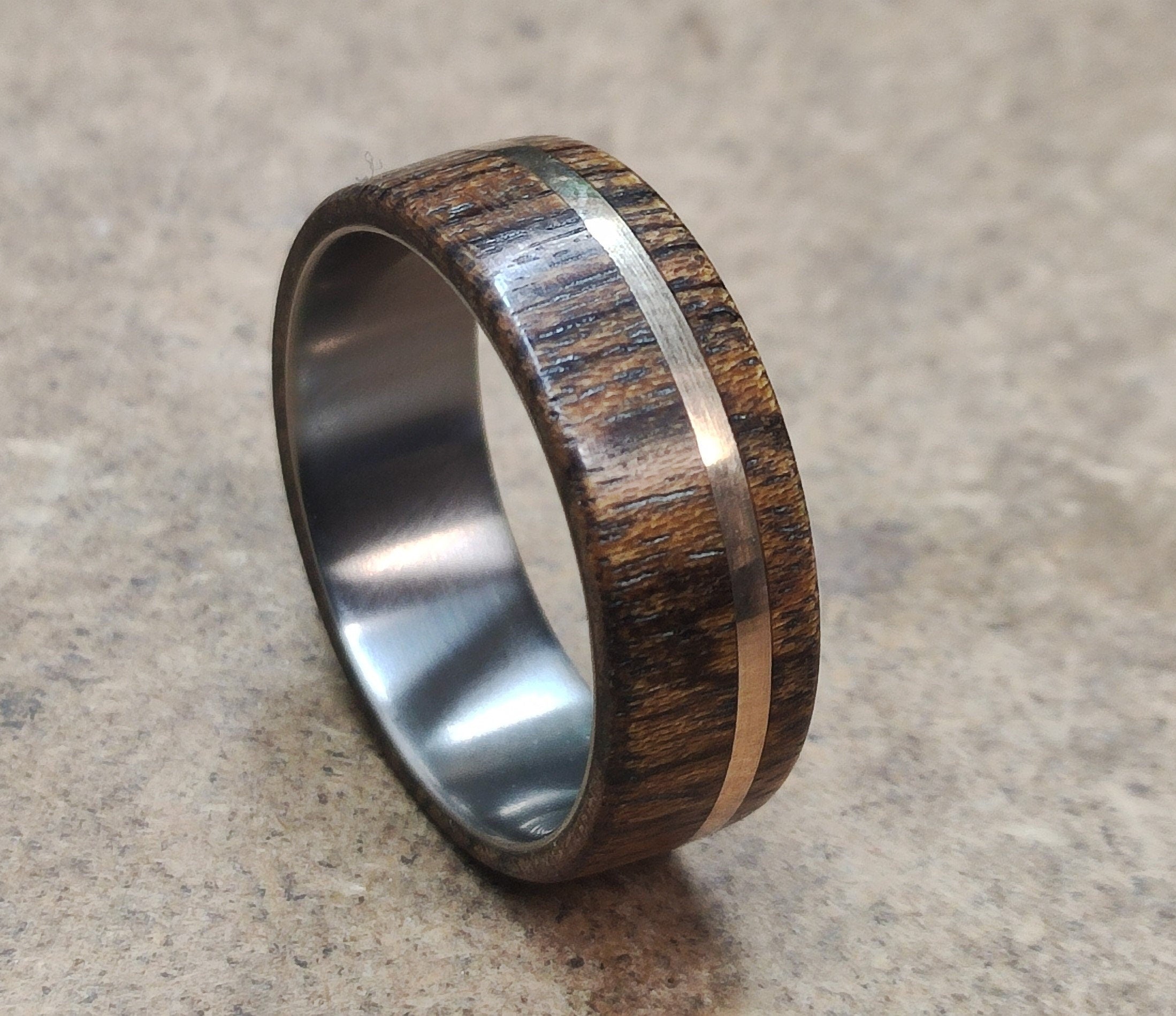 Titanium Ring: Bocote Wood & Bronze Inlay, Unisex Wedding Band