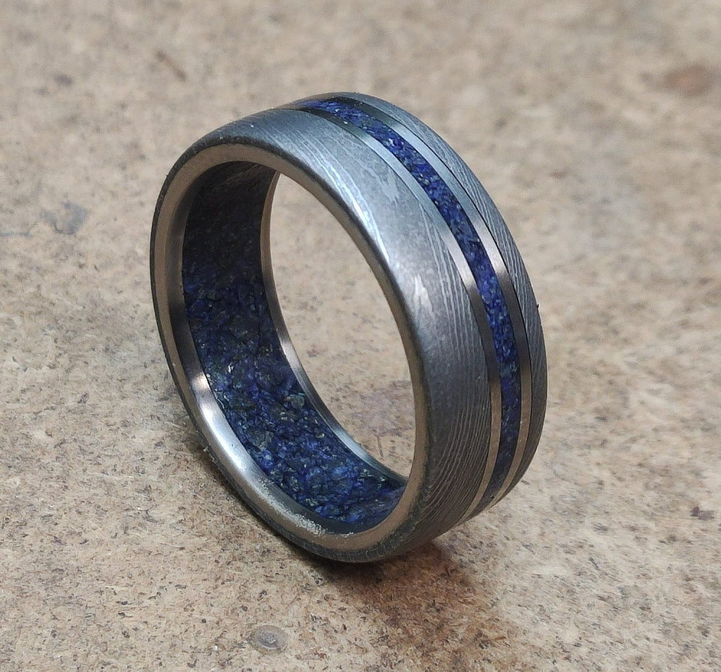 Damascus Steel Wedding Band: Titanium & Lapis Lazuli Inlay, Mens Ring