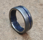 Damascus Steel Wedding Band: Titanium & Lapis Lazuli Inlay, Mens Ring