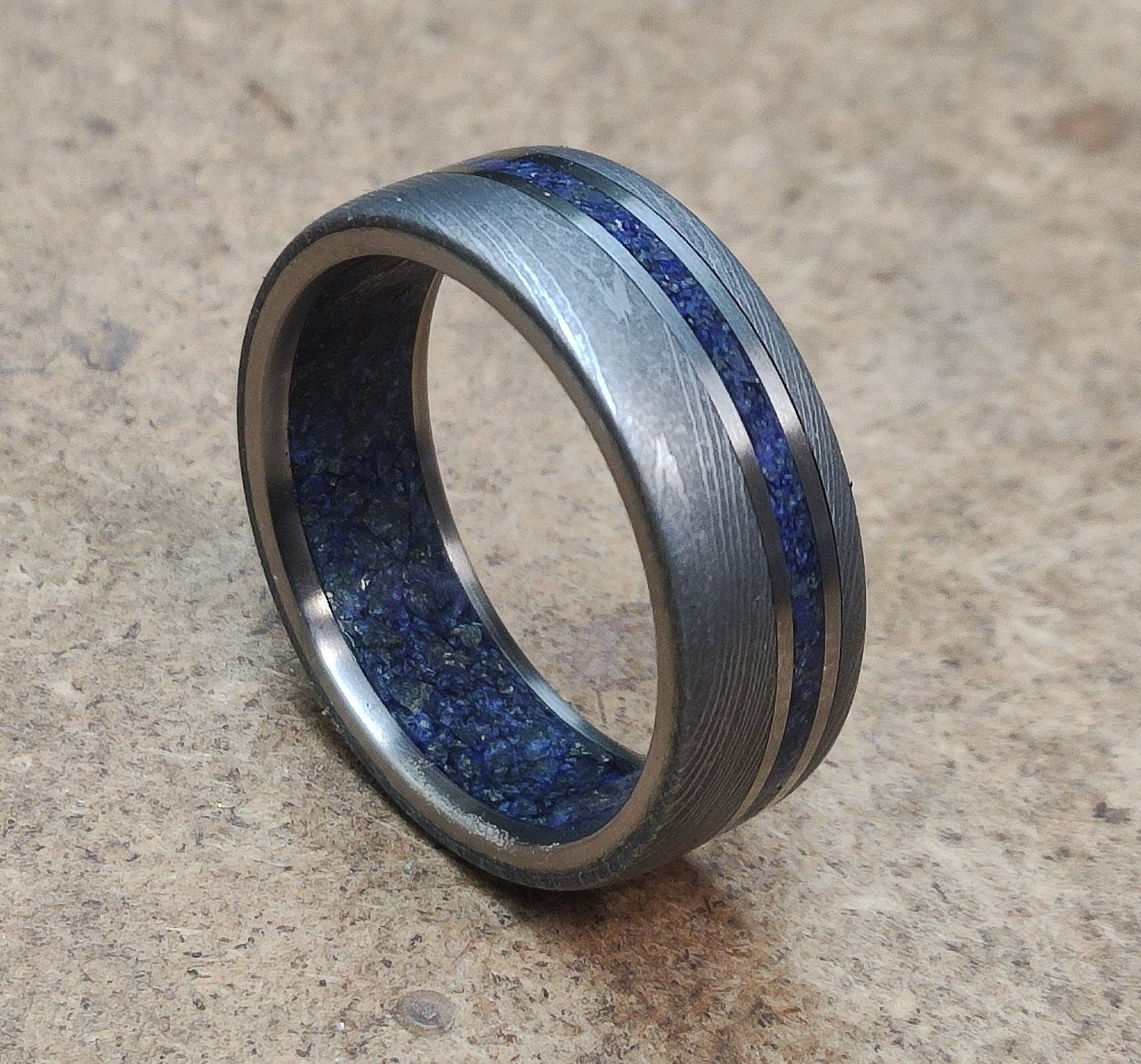 Damascus Steel Wedding Band: Titanium & Lapis Lazuli Inlay, Mens Ring
