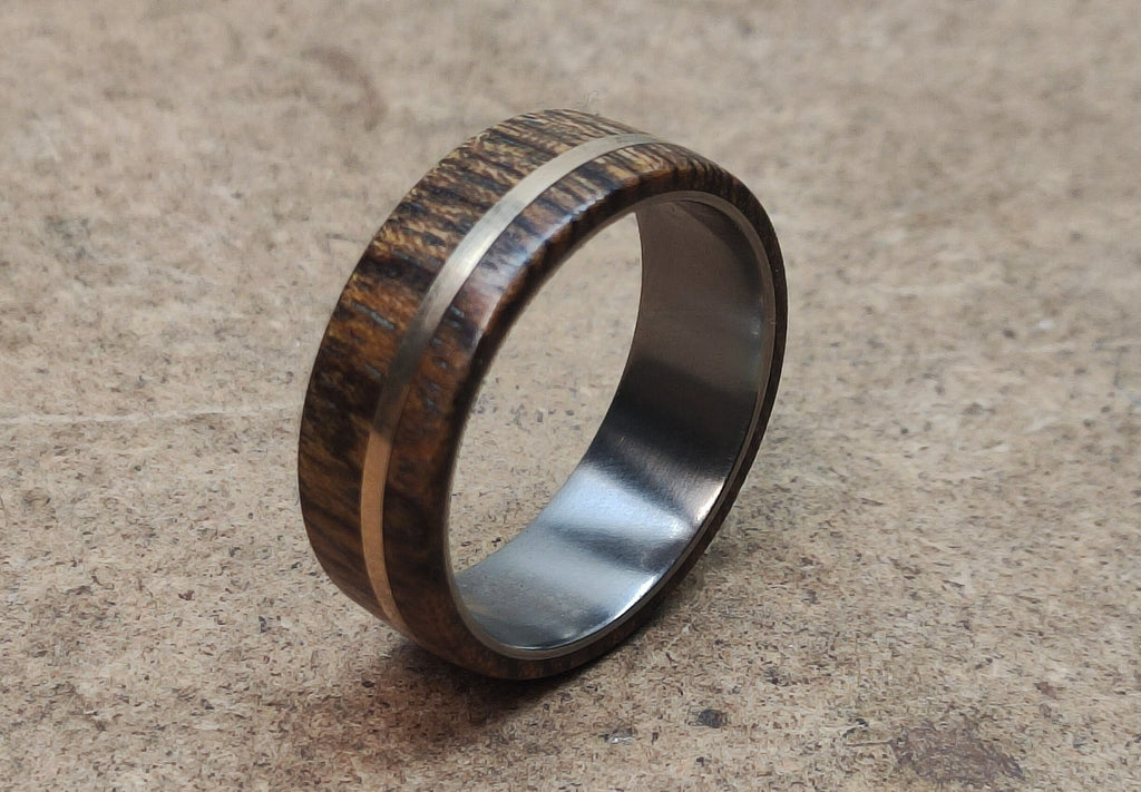 Titanium Ring: Bocote Wood & Bronze Inlay, Unisex Wedding Band