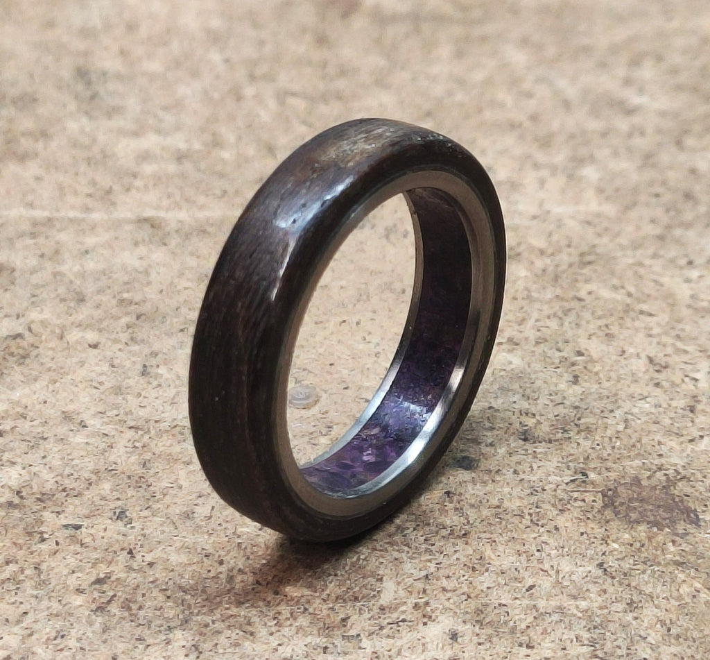 Titanium Wedding Band: Ziricote Wood & Amethyst Inlay