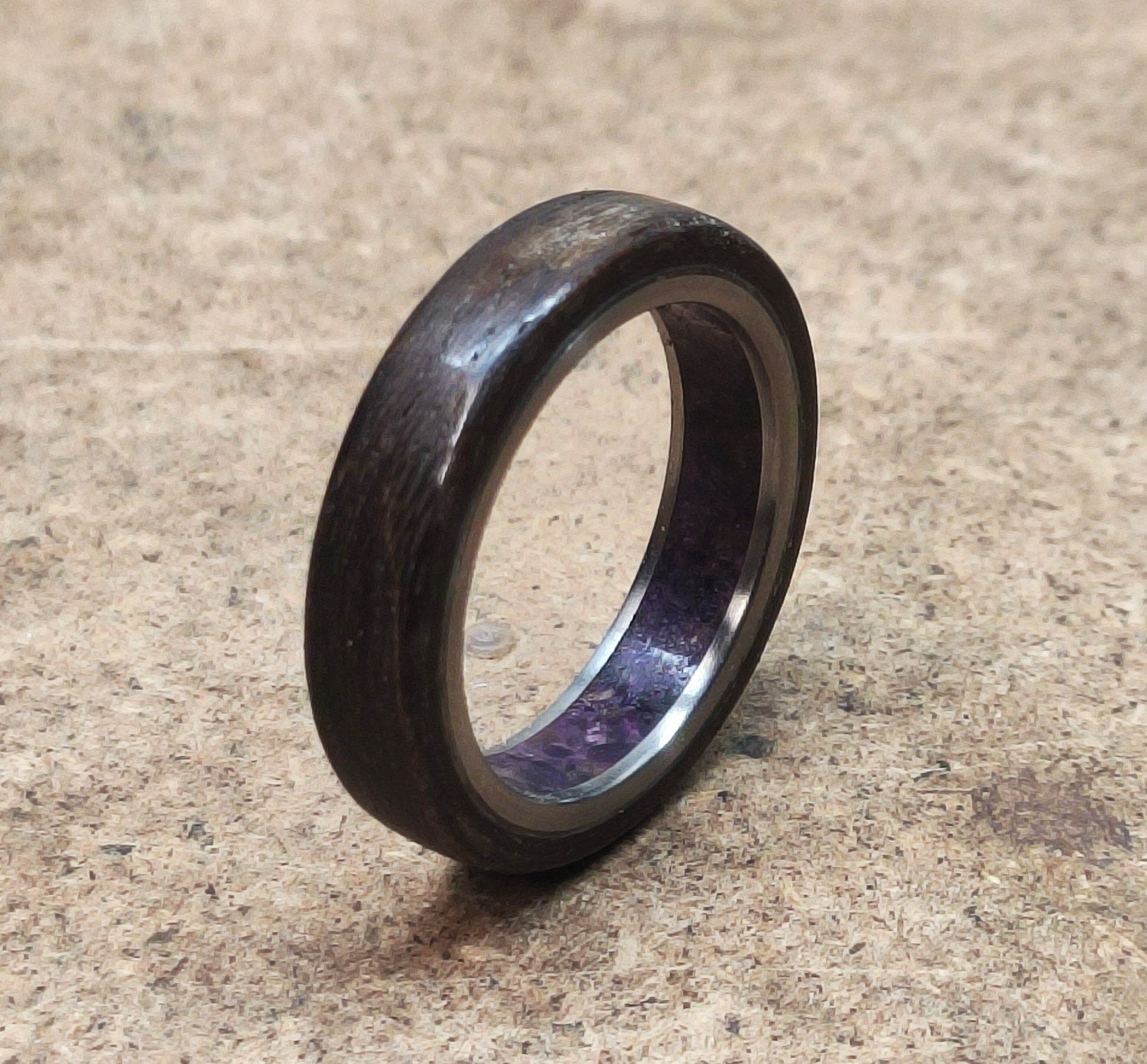 Titanium Wedding Band: Ziricote Wood & Amethyst Inlay