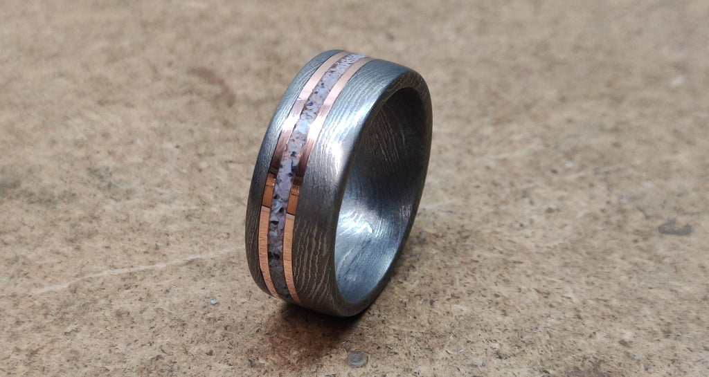 Handmade Damascus Steel Wedding Band: Copper & Blue Opal Inlay