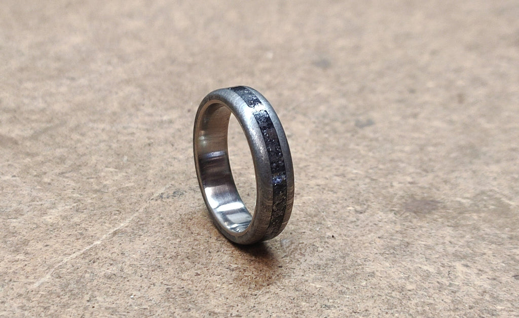 Damascus Steel Wedding Band, Titanium Ring with Galenit Inlay