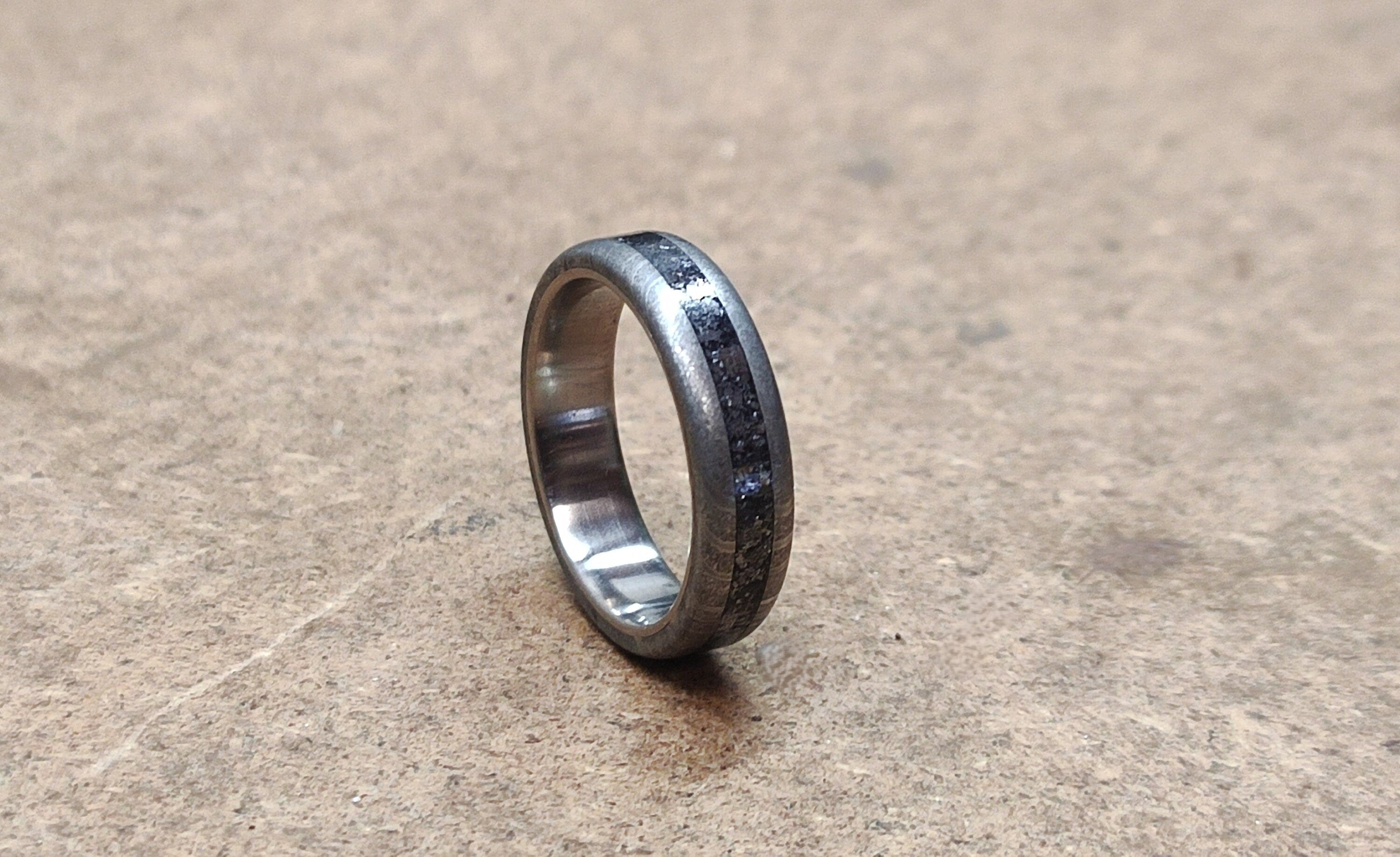 Damascus Steel Wedding Band, Titanium Ring with Galenit Inlay