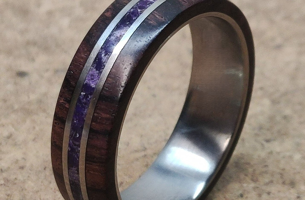 Titanium Ring: King Wood & Amethyst Inlay, Handmade Band