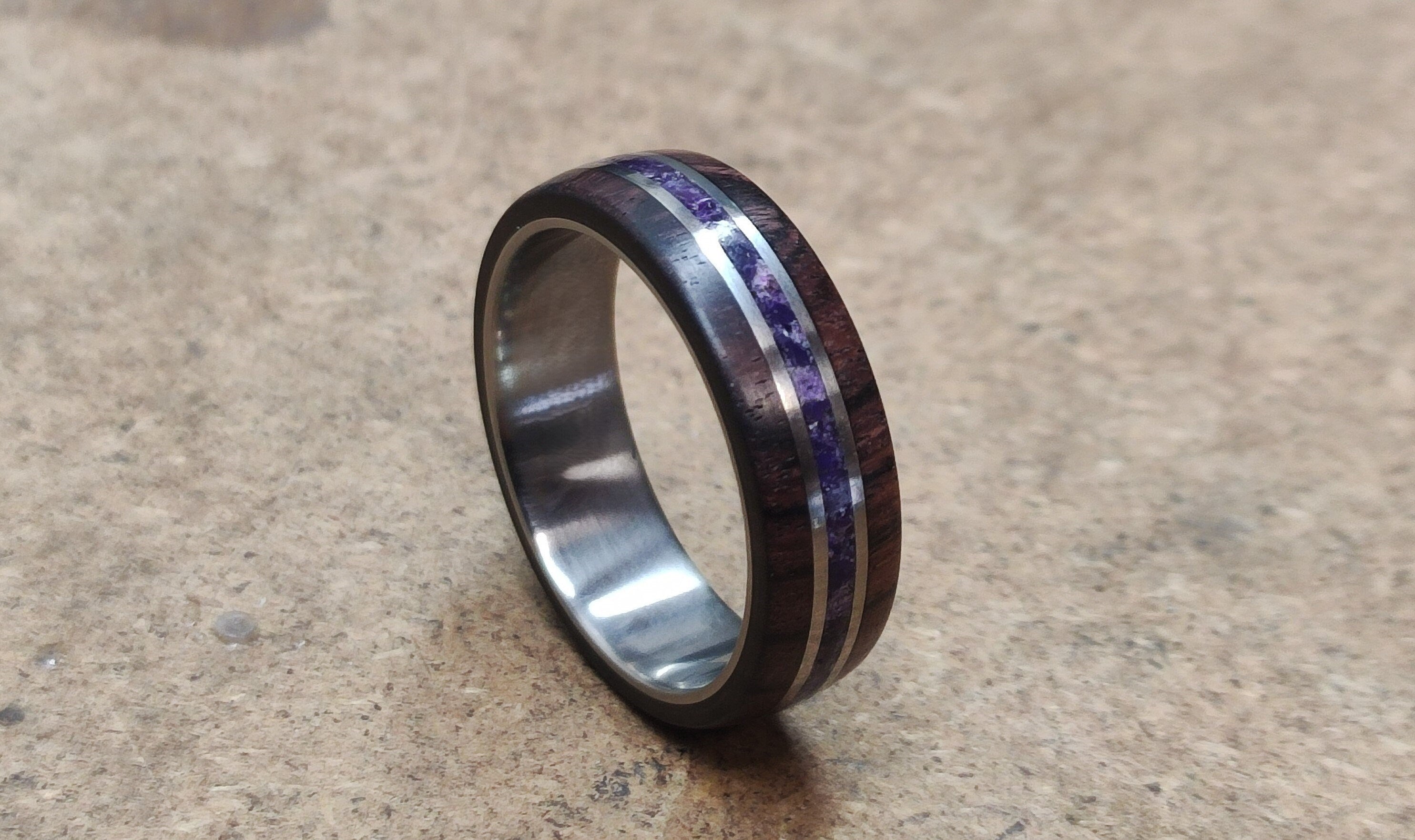 Titanium Ring: King Wood & Amethyst Inlay, Handmade Band