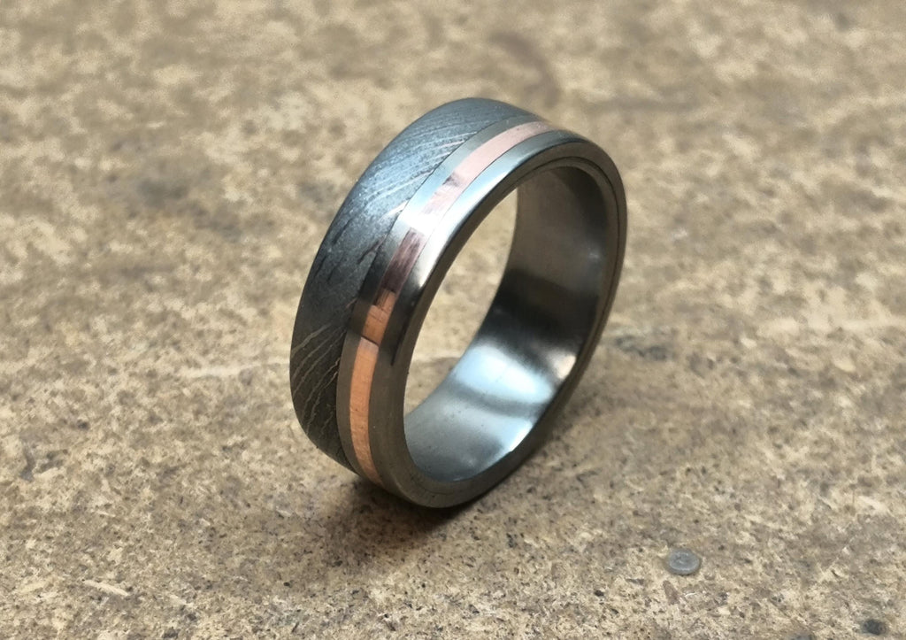 Damascus Steel Wedding Band: Titanium Ring with Copper Inlay