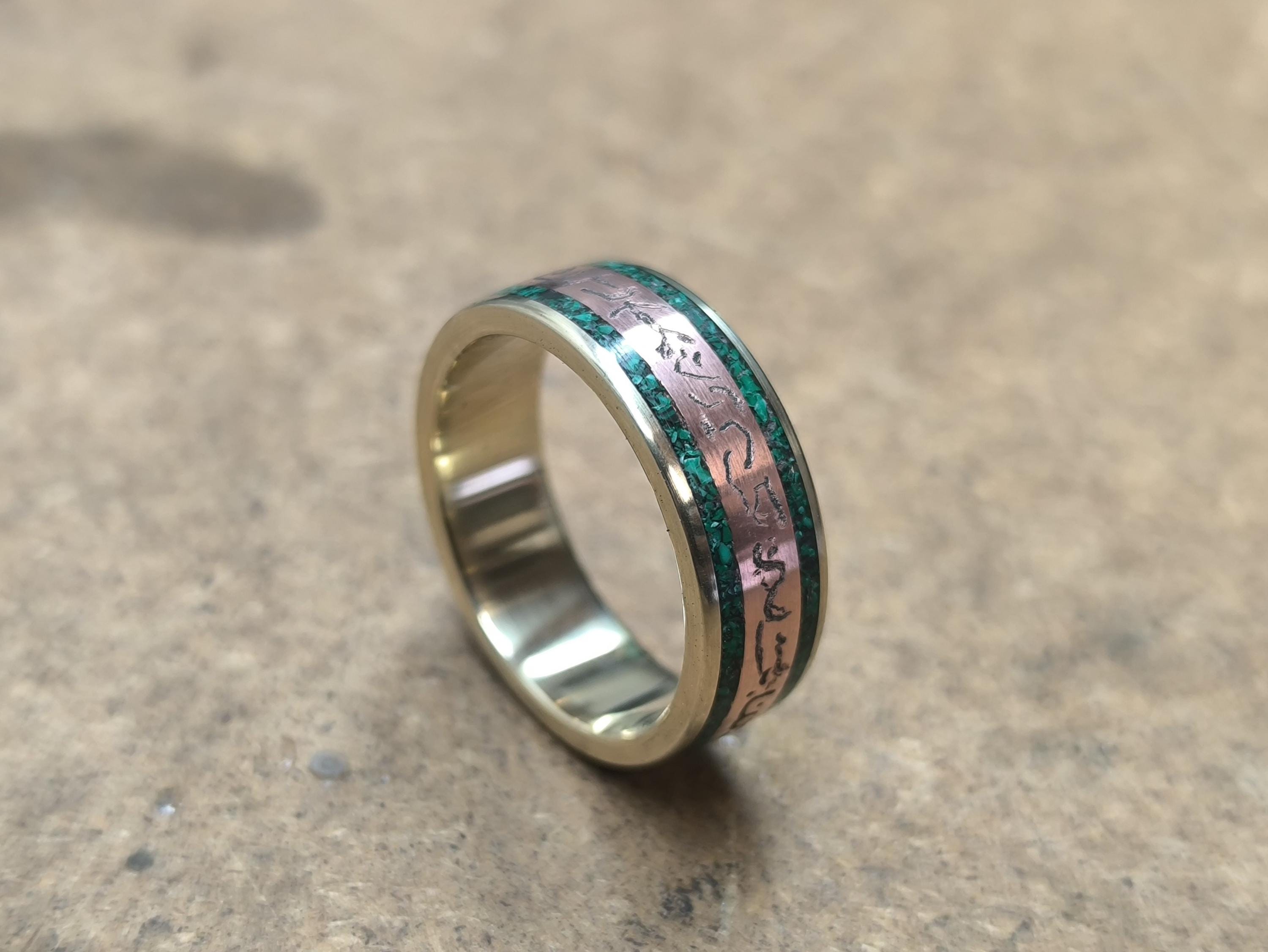 Brass Wedding Ring, Patina Copper Green Jade Inlay, Handmade Band