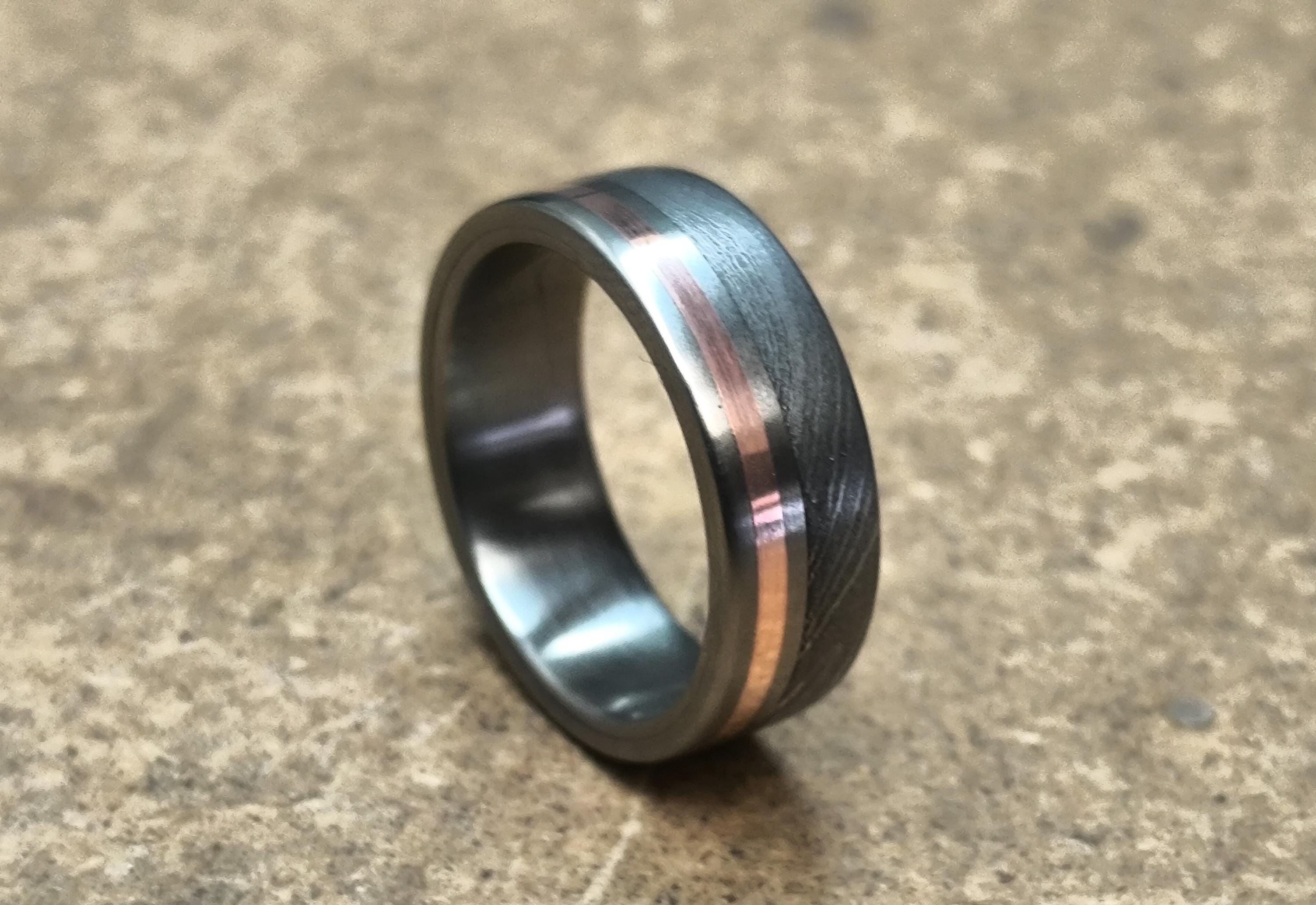 Damascus Steel Wedding Band: Titanium Ring with Copper Inlay