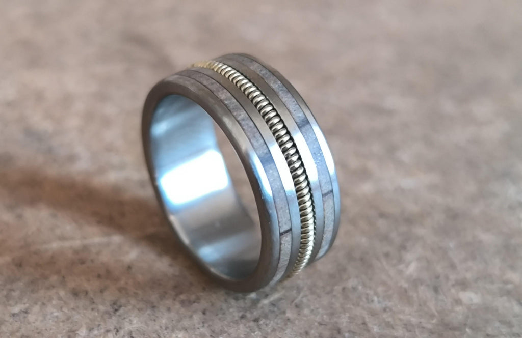 Handmade Titanium Ring with Guitar String and Olive Wood - Music Lover's Gift - Wedding Ring