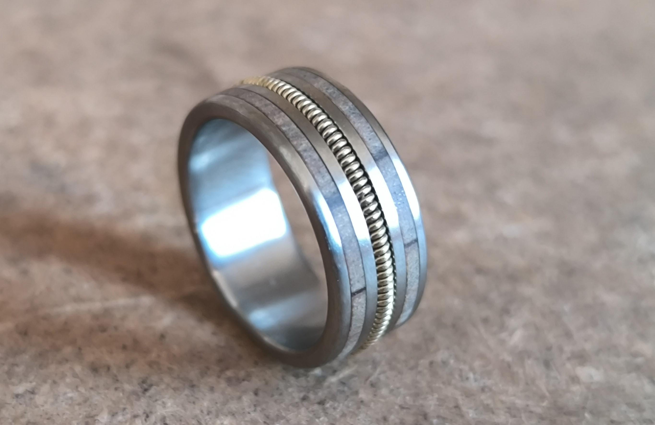 Handmade Titanium Ring with Guitar String and Olive Wood - Music Lover's Gift - Wedding Ring