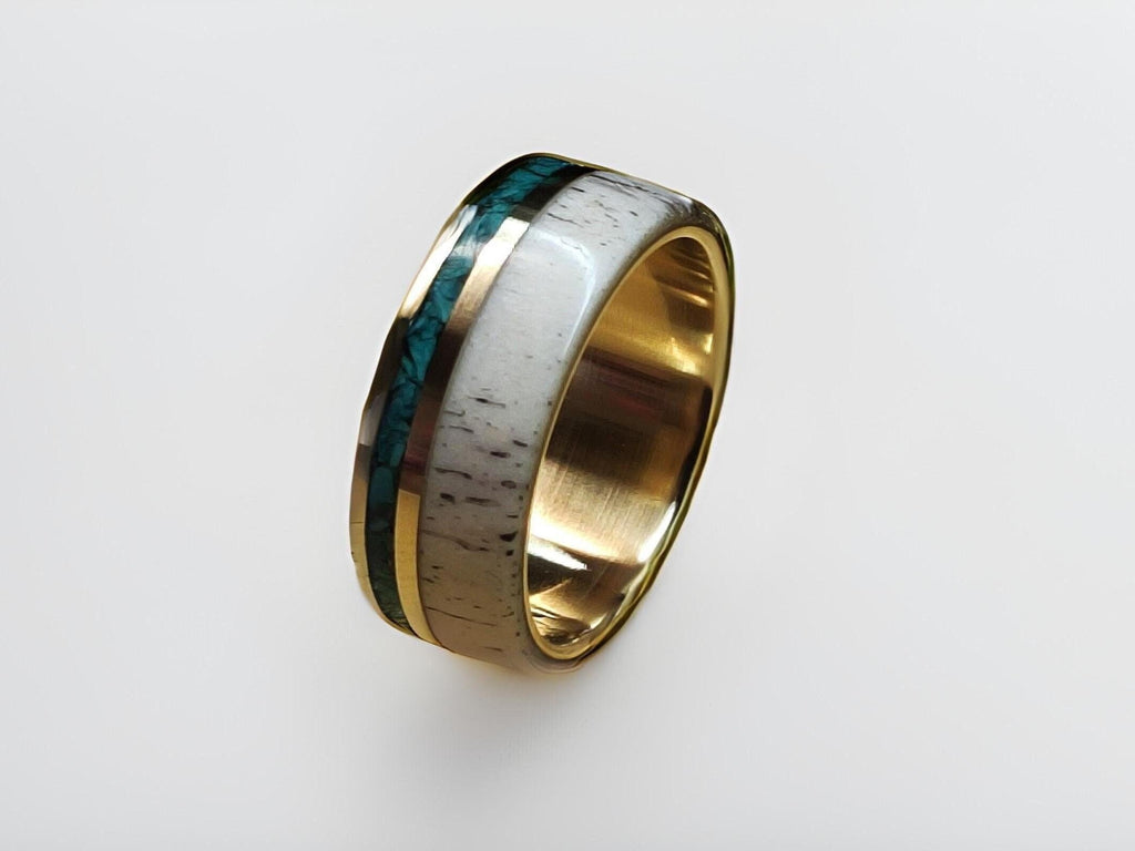Brass Ring with Malachite and Deer Antler Inlay