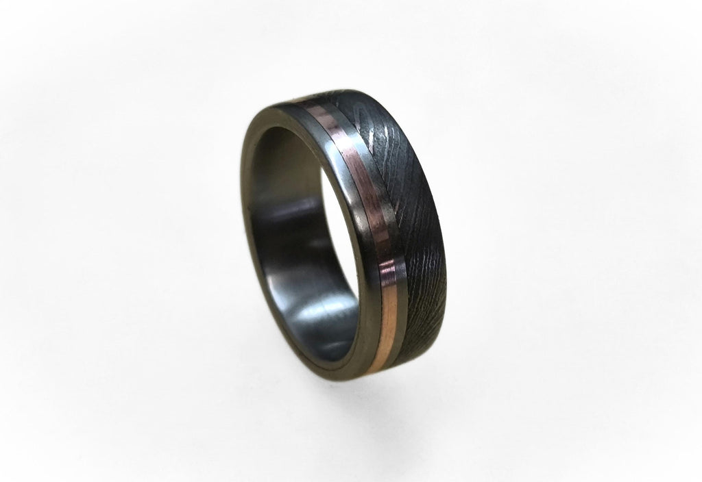 Damascus Steel Wedding Band: Titanium Ring with Copper Inlay