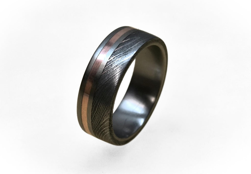 Damascus Steel Wedding Band: Titanium Ring with Copper Inlay