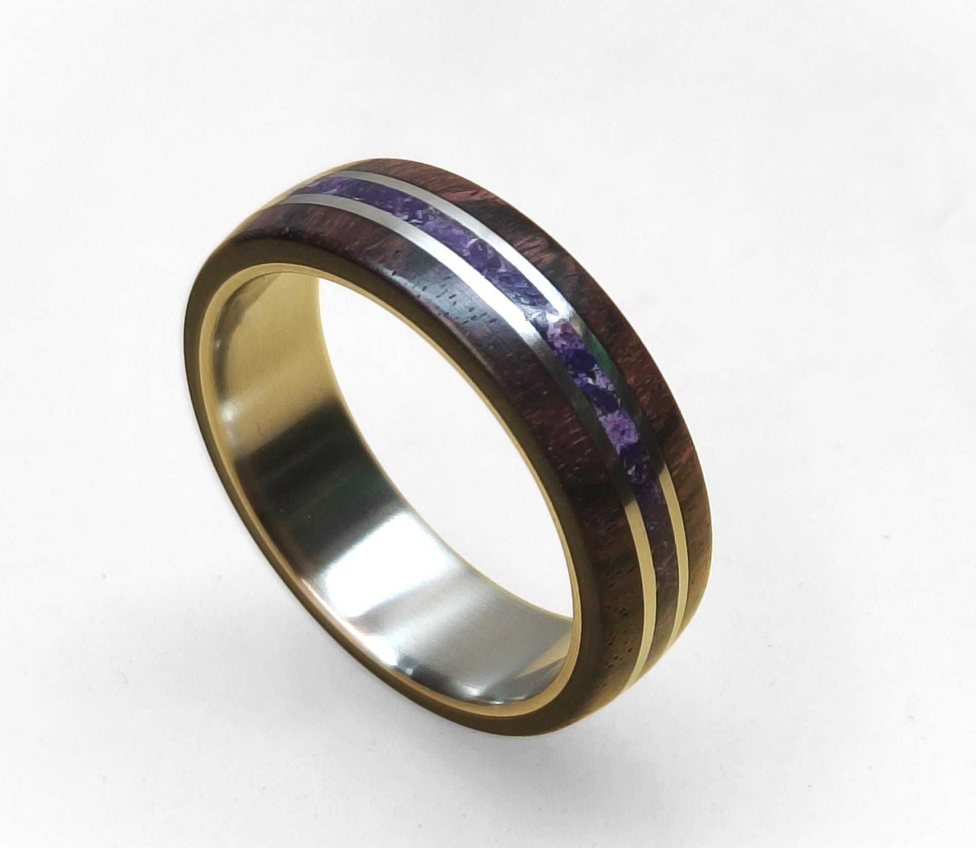 Titanium Ring: King Wood & Amethyst Inlay, Handmade Band
