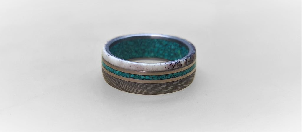 Damascus Steel Wedding Band: Titanium Ring with Turquoise and Antler Inlay